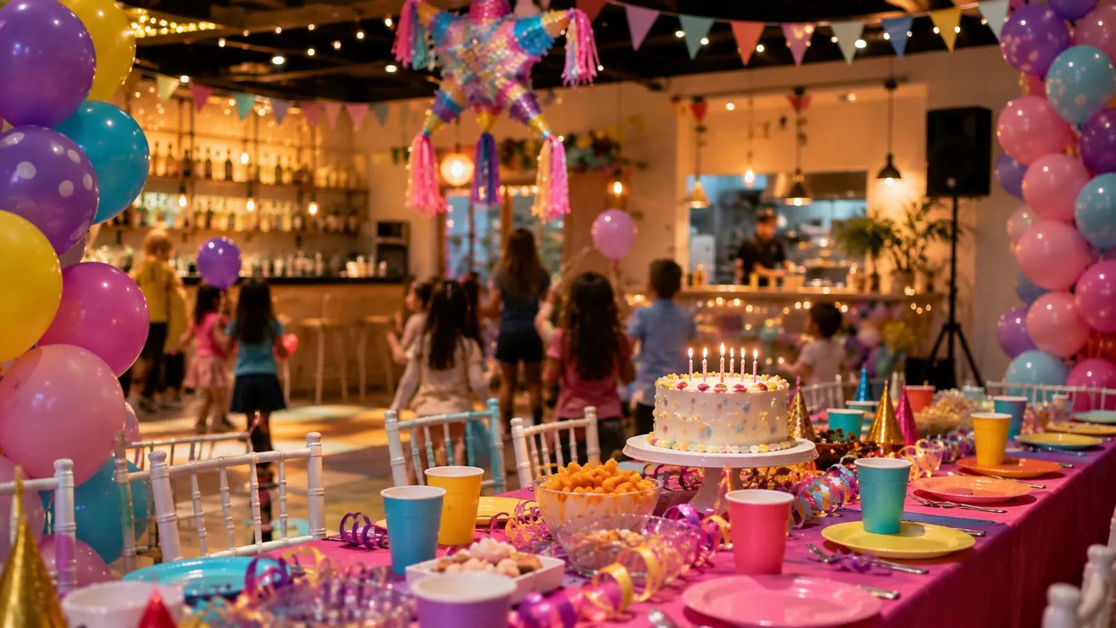 Cumpleaños infantil celebrado en el salón Festópolis con torta, piñata y cocina propia